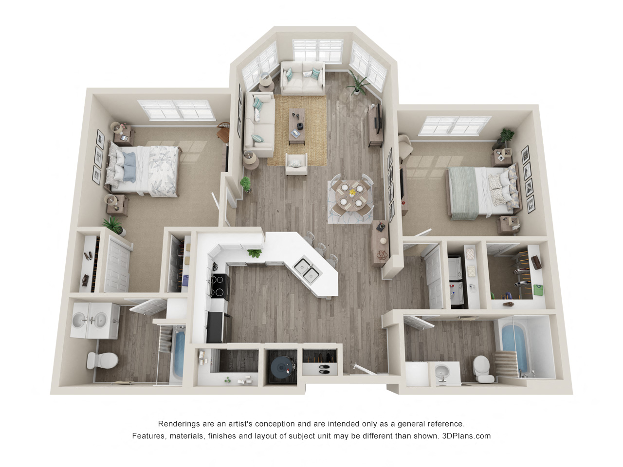 Floor plan for 2 beds, 2 baths, 1035 sqft