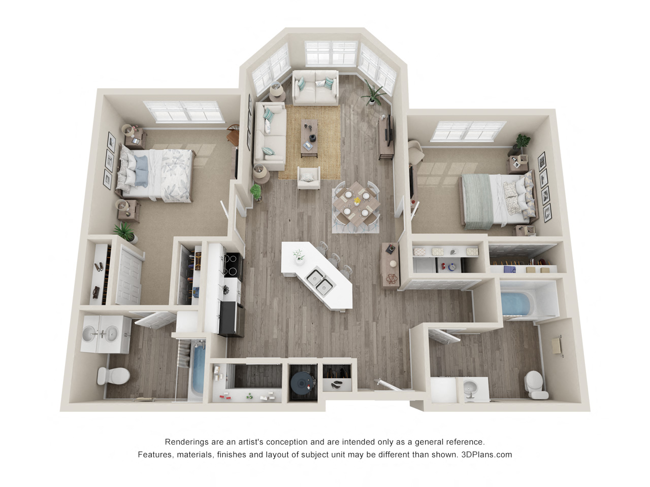 Floor plan for 2 beds, 2 baths, 1035 sqft
