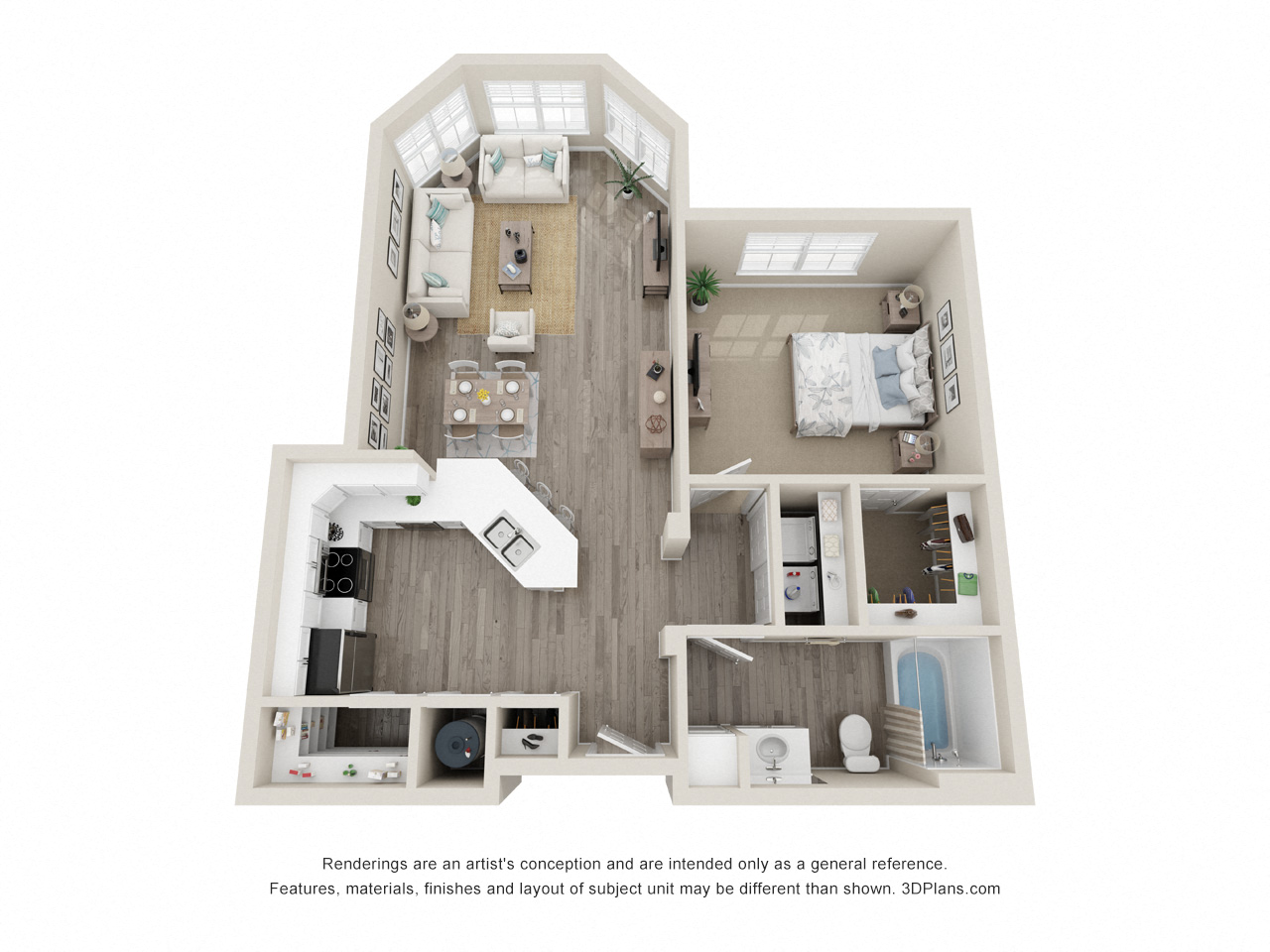 Floor plan for 1 bed, 1 bath, 754 sqft