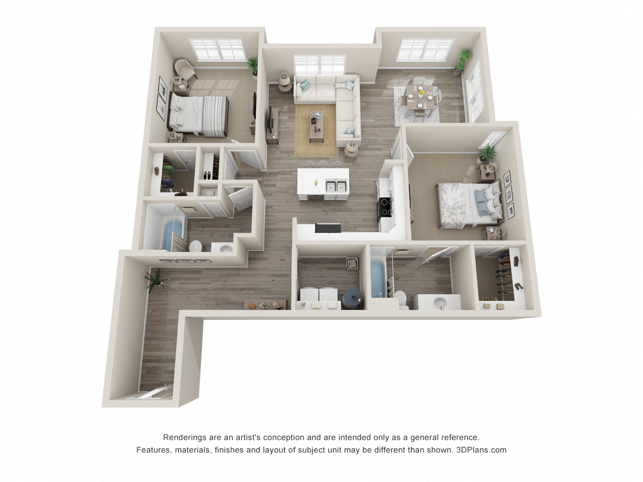 Floor plan for 2 beds, 2 baths, 1073 sqft