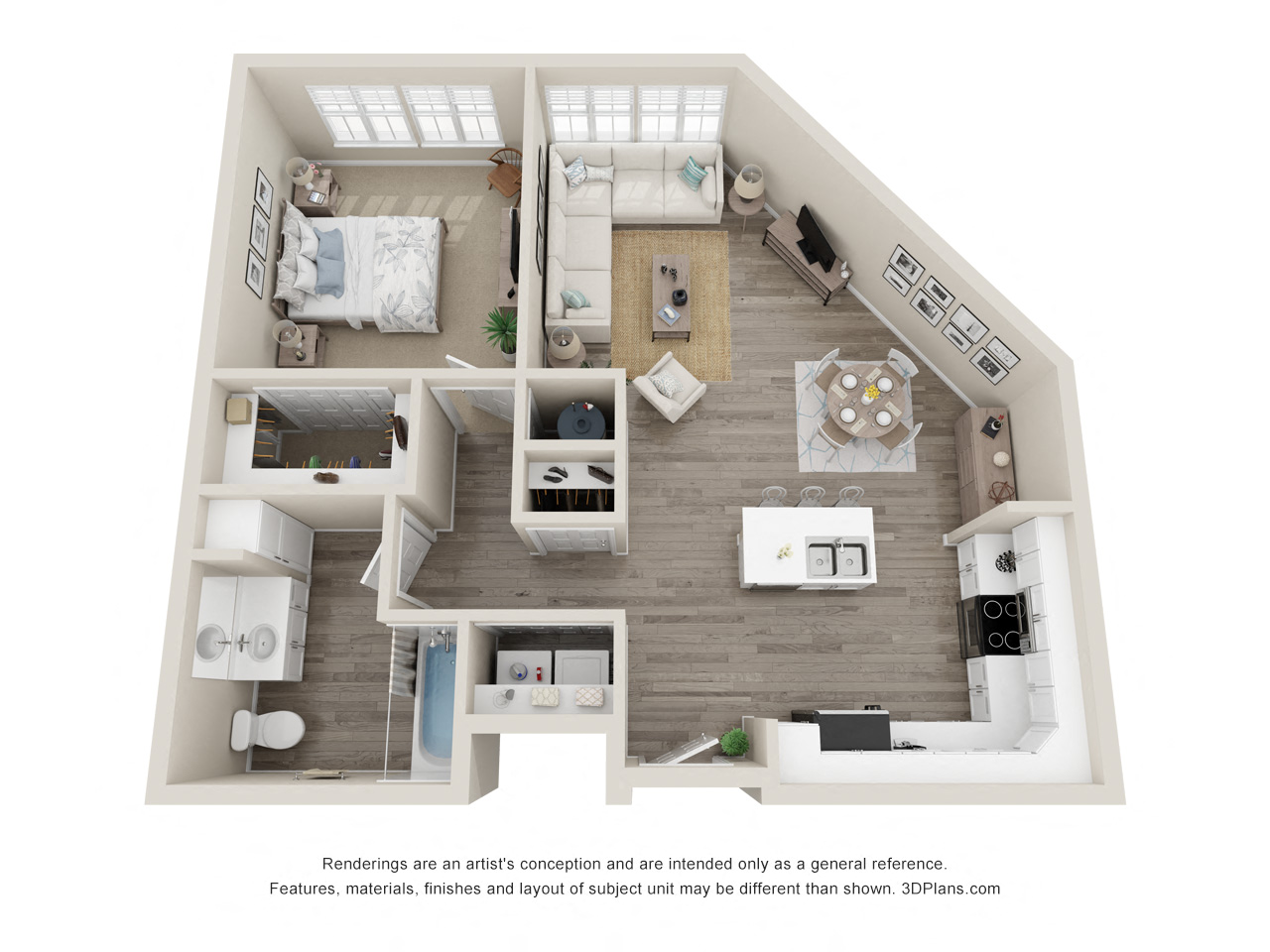 Floor plan for 1 bed, 1 bath, 771 sqft