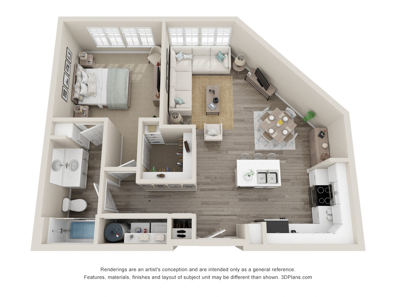 Floor plan for 1 bed, 1 bath, 770 sqft