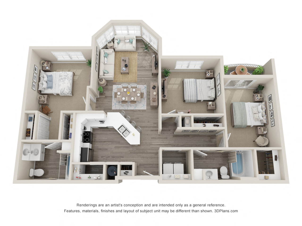 Floor plan for 3 beds, 2 baths, 1270 sqft