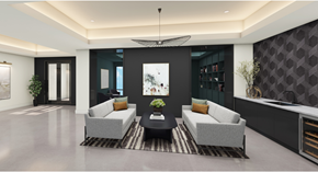 Roslindale apartment for rent - A modern living room with a grey sofa and a black coffee table.