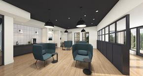Roslindale apartment for rent - A modern waiting room with green chairs and a wooden floor.