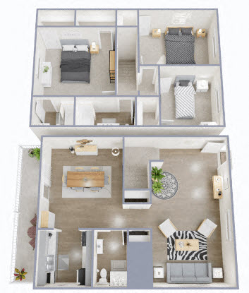 Floor plan for 3 beds, 2.5 baths, 1320 sqft