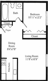 Floor plan for 1 bed, 1 bath, 679 sqft