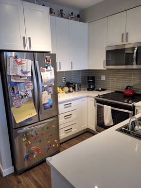 Vancouver apartment for rent - A kitchen with a fridge covered in magnets and a white counter top.