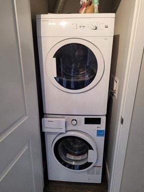 Vancouver apartment for rent - A white dryer and washer stacked on top of each other.