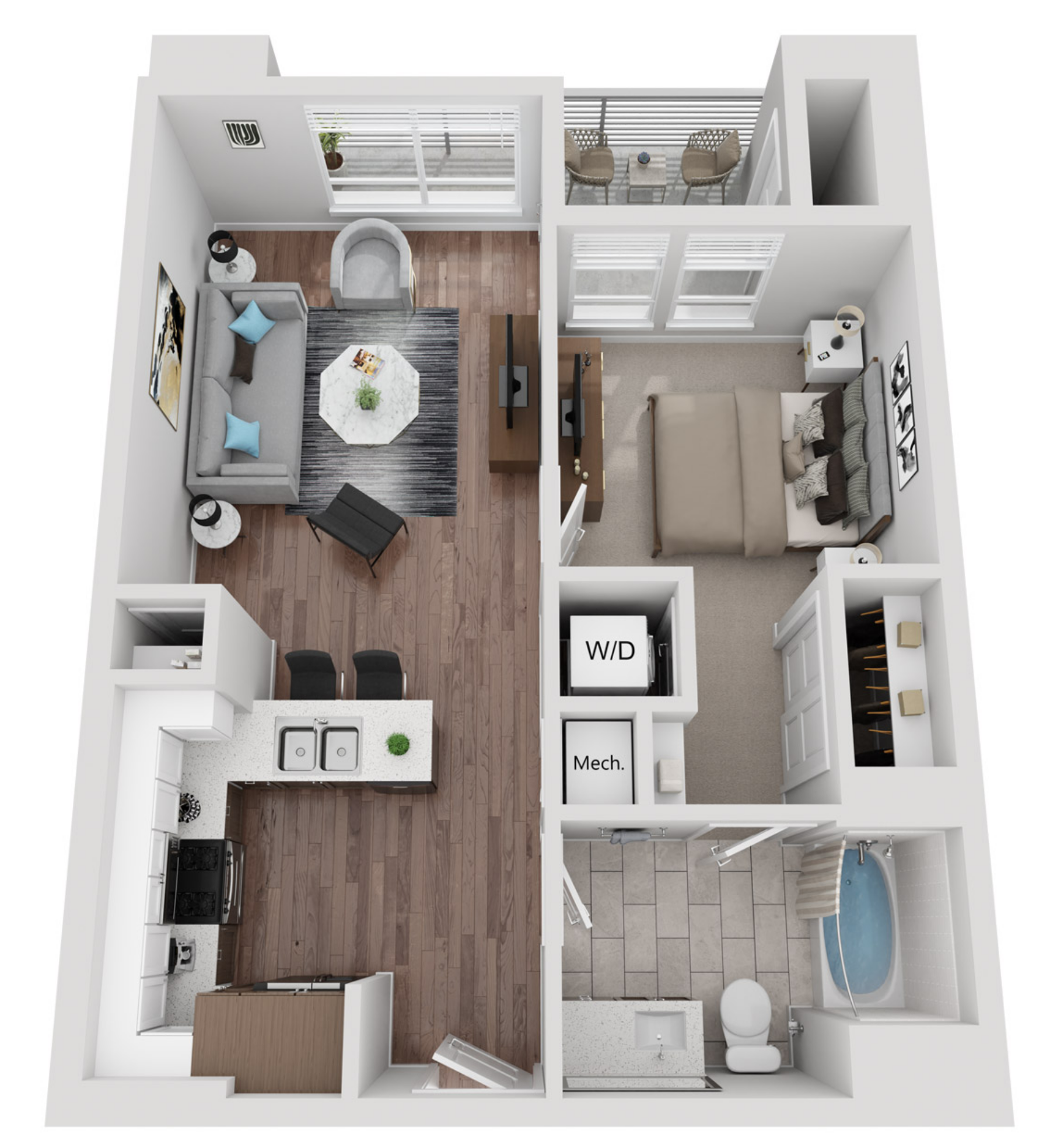 Floor plan for 1 bed, 1 bath, 676 sqft
