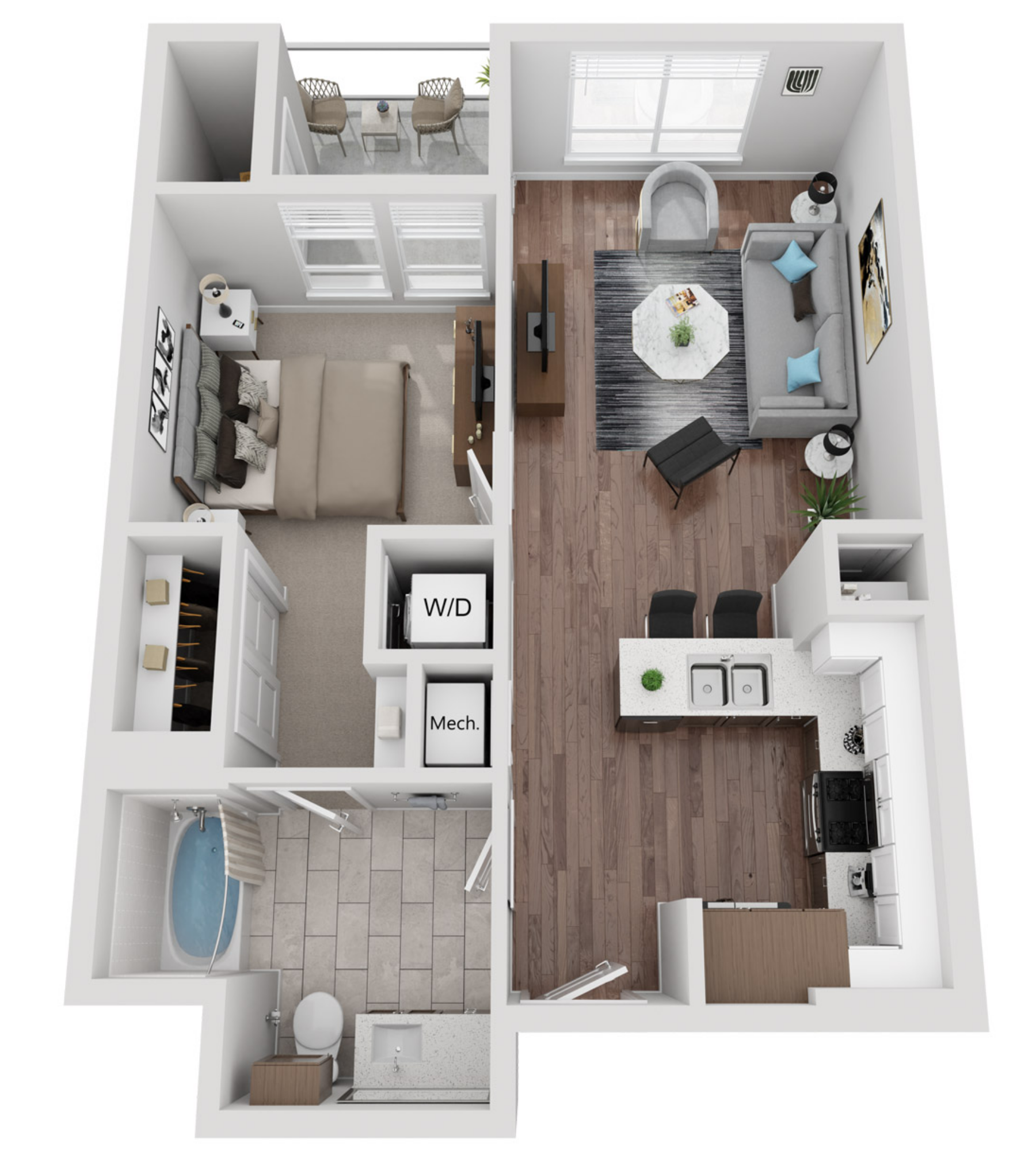 Floor plan for 1 bed, 1 bath, 701 sqft