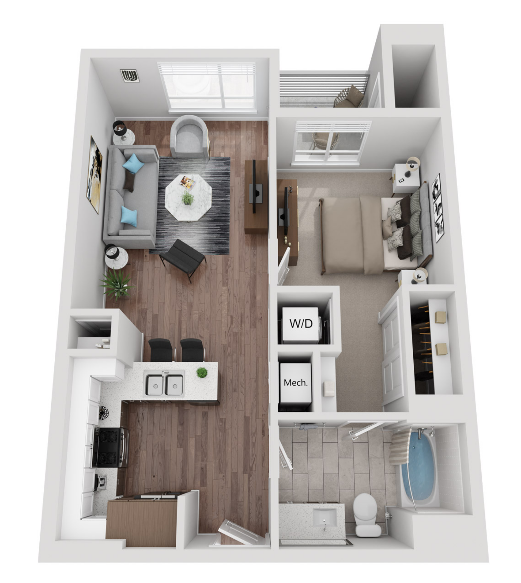 Floor plan for 1 bed, 1 bath, 716 sqft