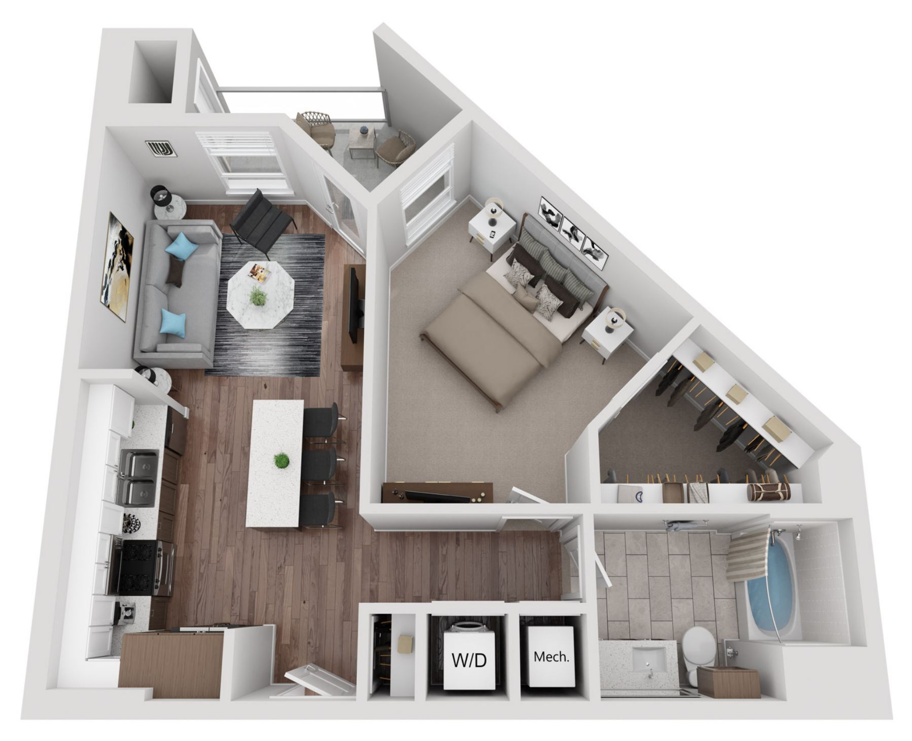 Floor plan for 1 bed, 1 bath, 720 sqft