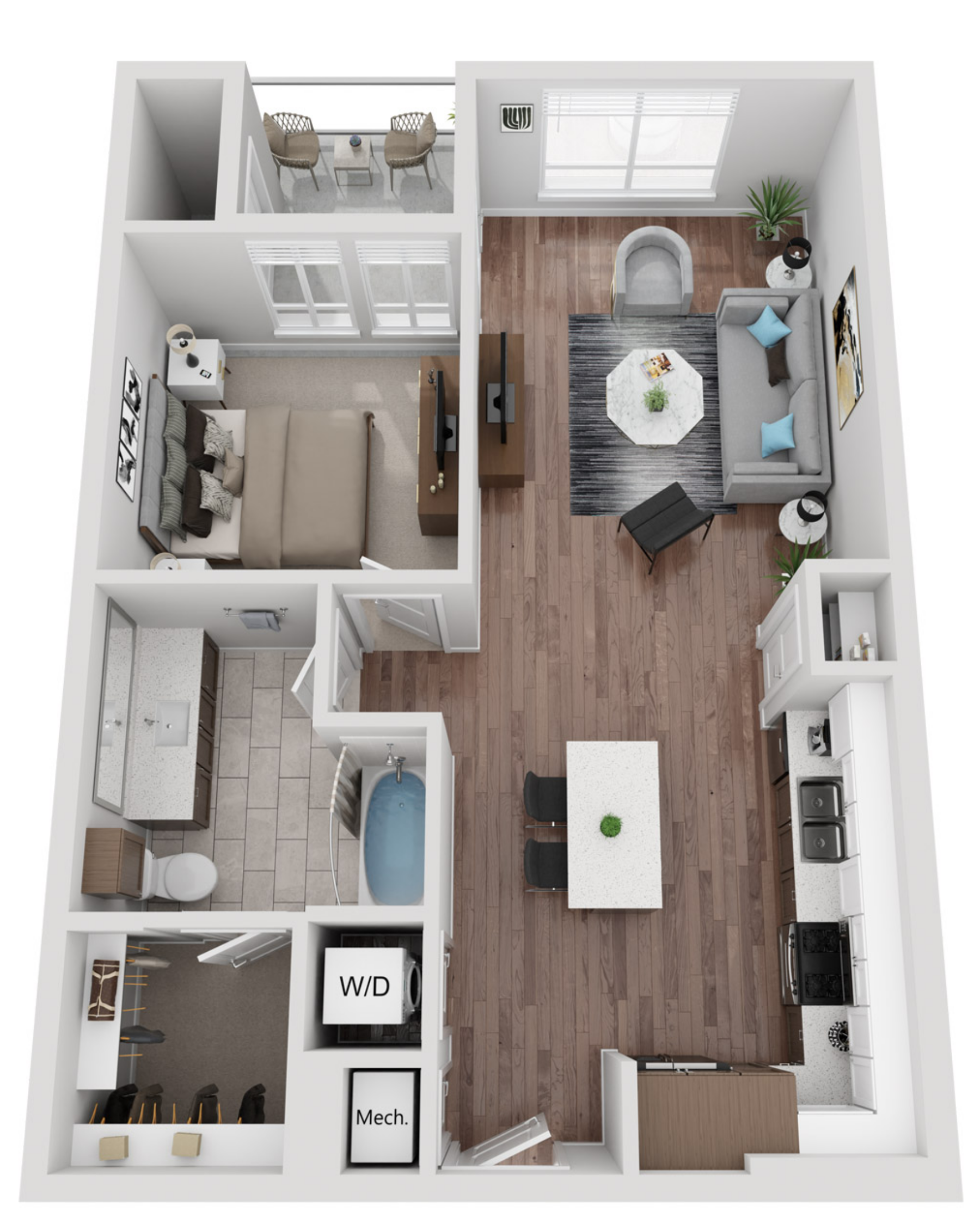 Floor plan for 1 bed, 1 bath, 752 sqft