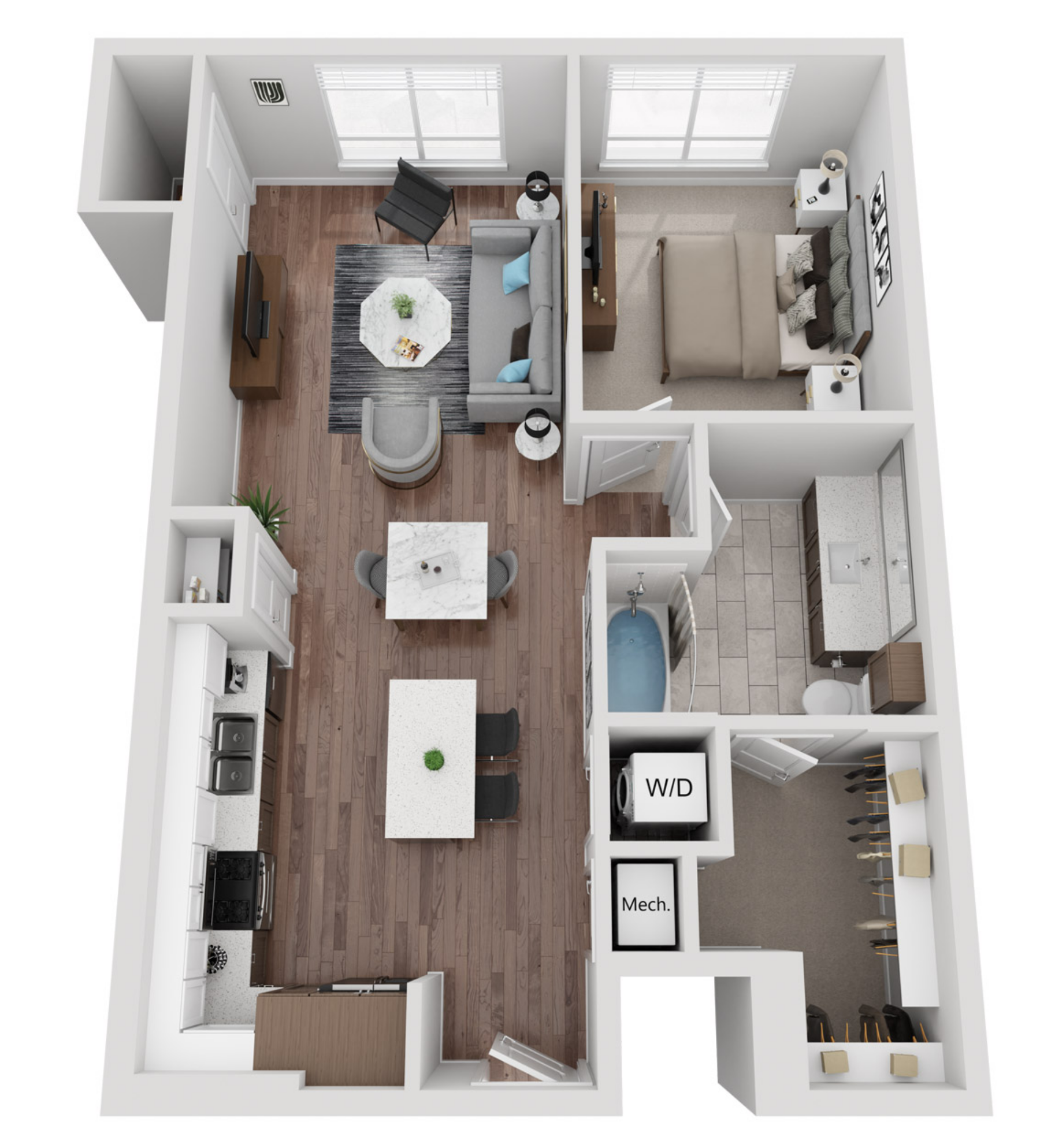 Floor plan for 1 bed, 1 bath, 818 sqft