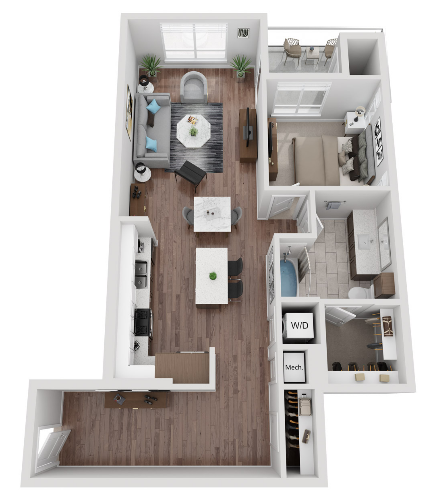 Floor plan for 1 bed, 1 bath, 891 sqft