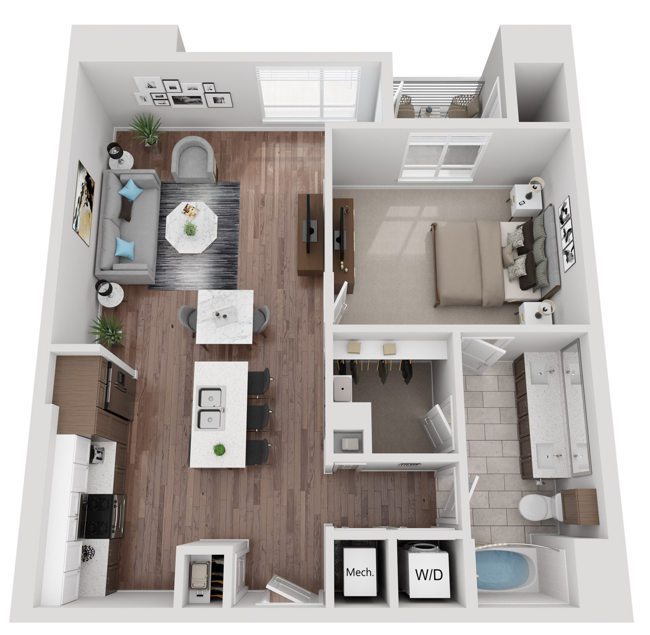 Floor plan for 1 bed, 1 bath, 914 sqft