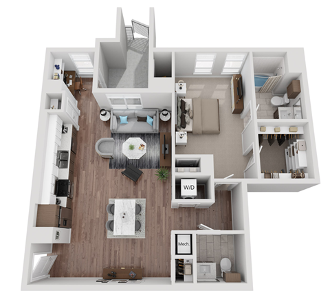 Floor plan for 1 bed, 1.5 baths, 1033 sqft