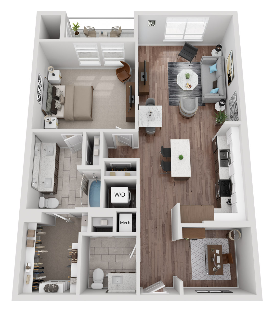 Floor plan for 1 bed, 1.5 baths, 1109 sqft