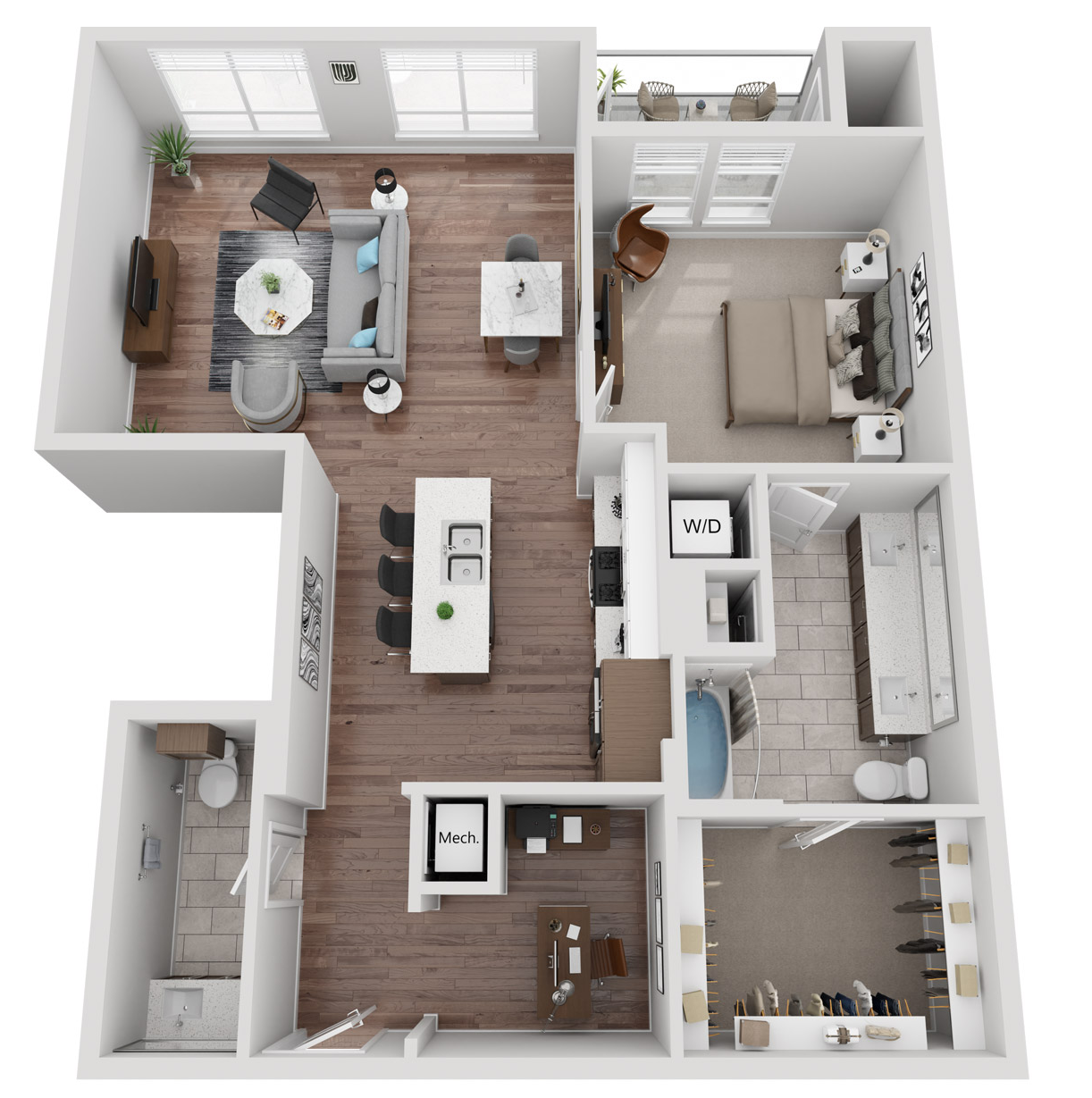Floor plan for 1 bed, 1.5 baths, 1170 sqft