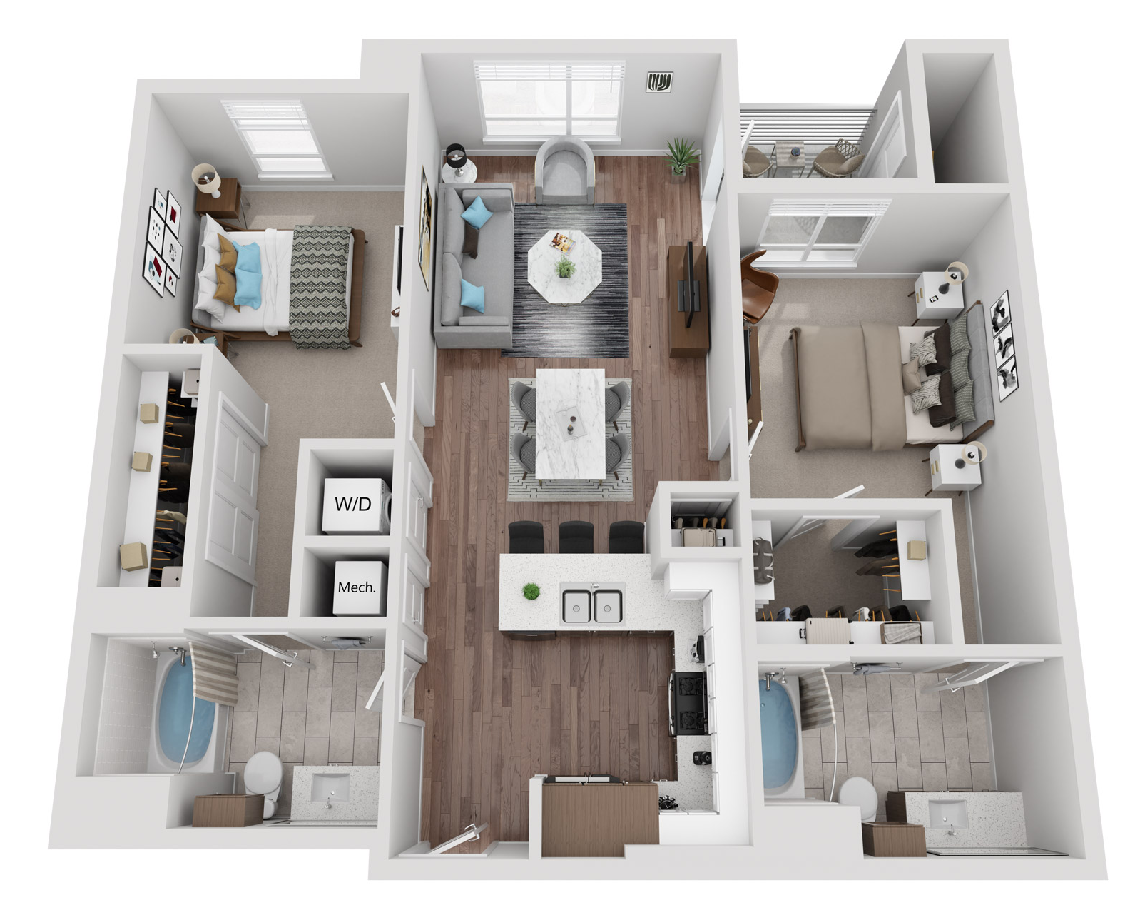 Floor plan for 2 beds, 2 baths, 1083 sqft