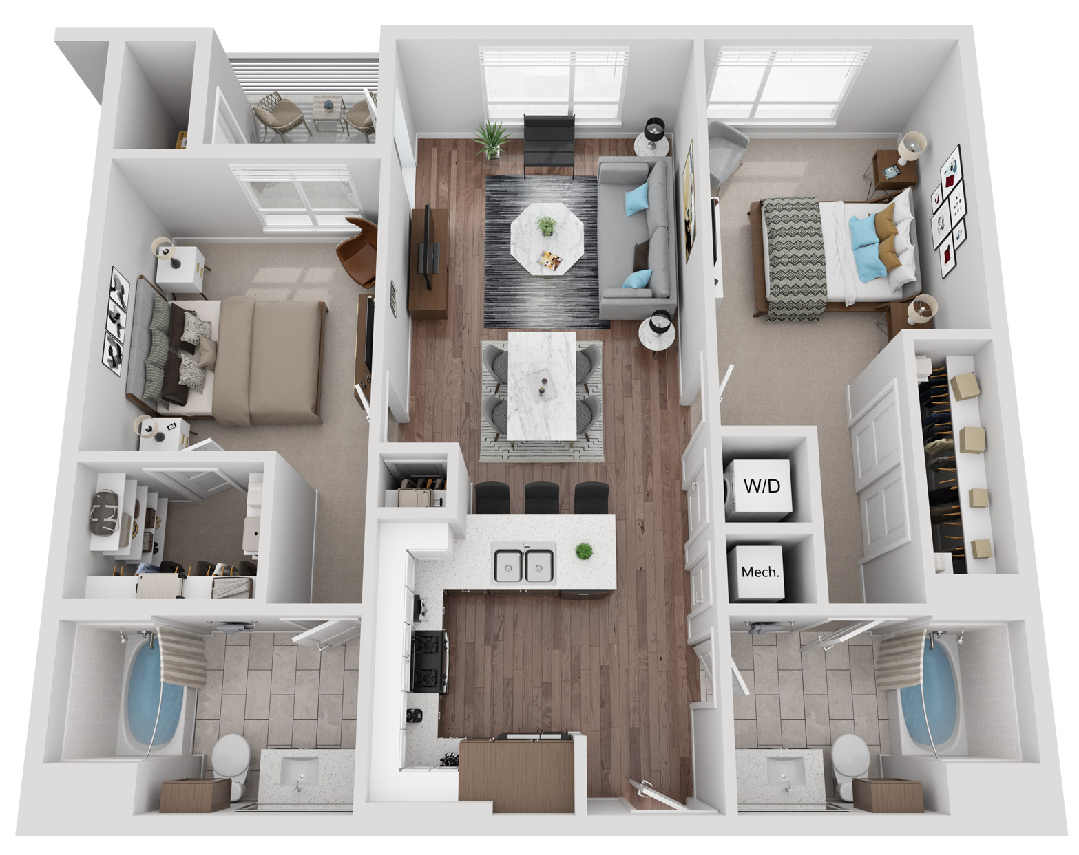 Floor plan for 2 beds, 2 baths, 1090 sqft