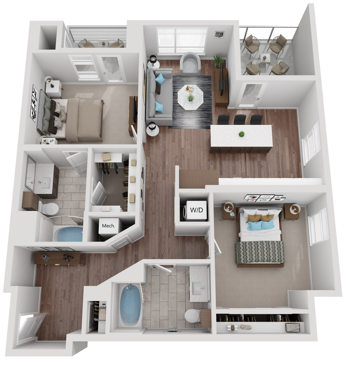 Floor plan for 2 beds, 2 baths, 1143 sqft