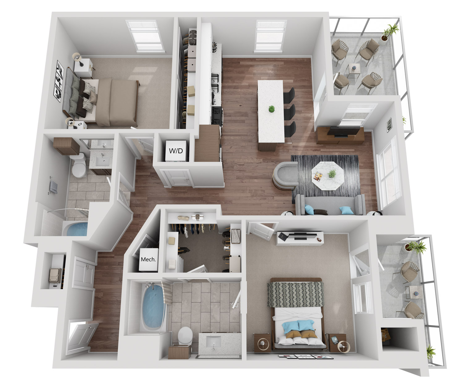 Floor plan for 2 beds, 2 baths, 1167 sqft