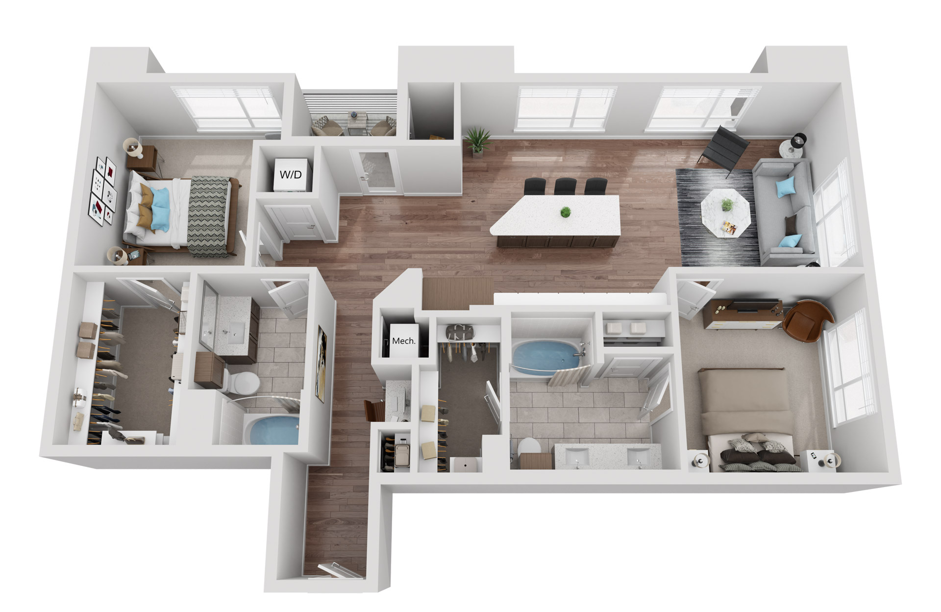 Floor plan for 2 beds, 2 baths, 1242 sqft