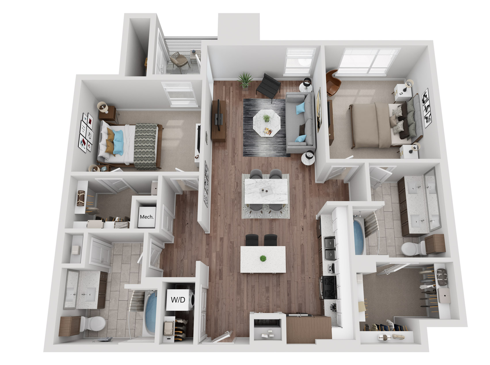 Floor plan for 2 beds, 2 baths, 1243 sqft