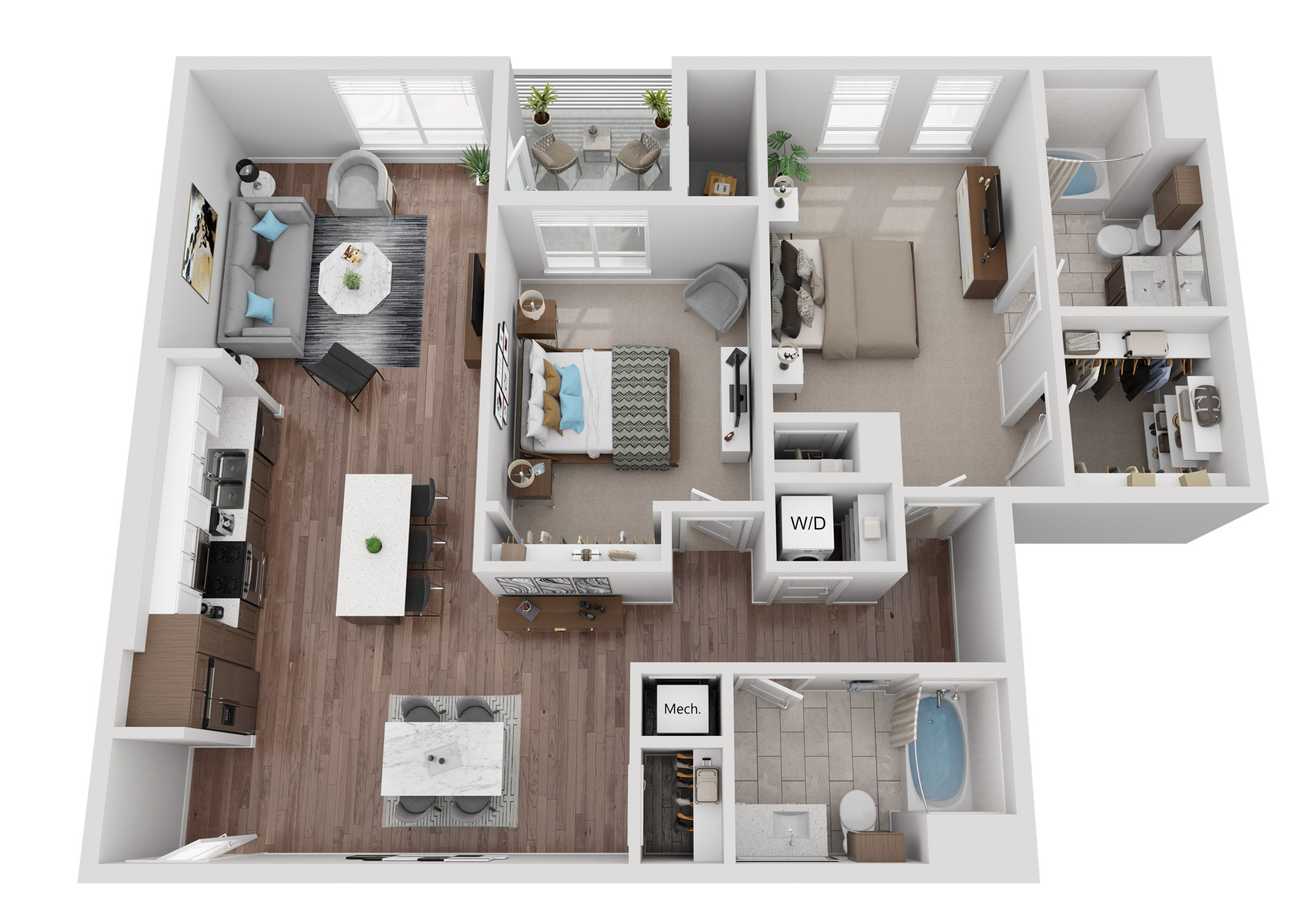 Floor plan for 2 beds, 2 baths, 1290 sqft