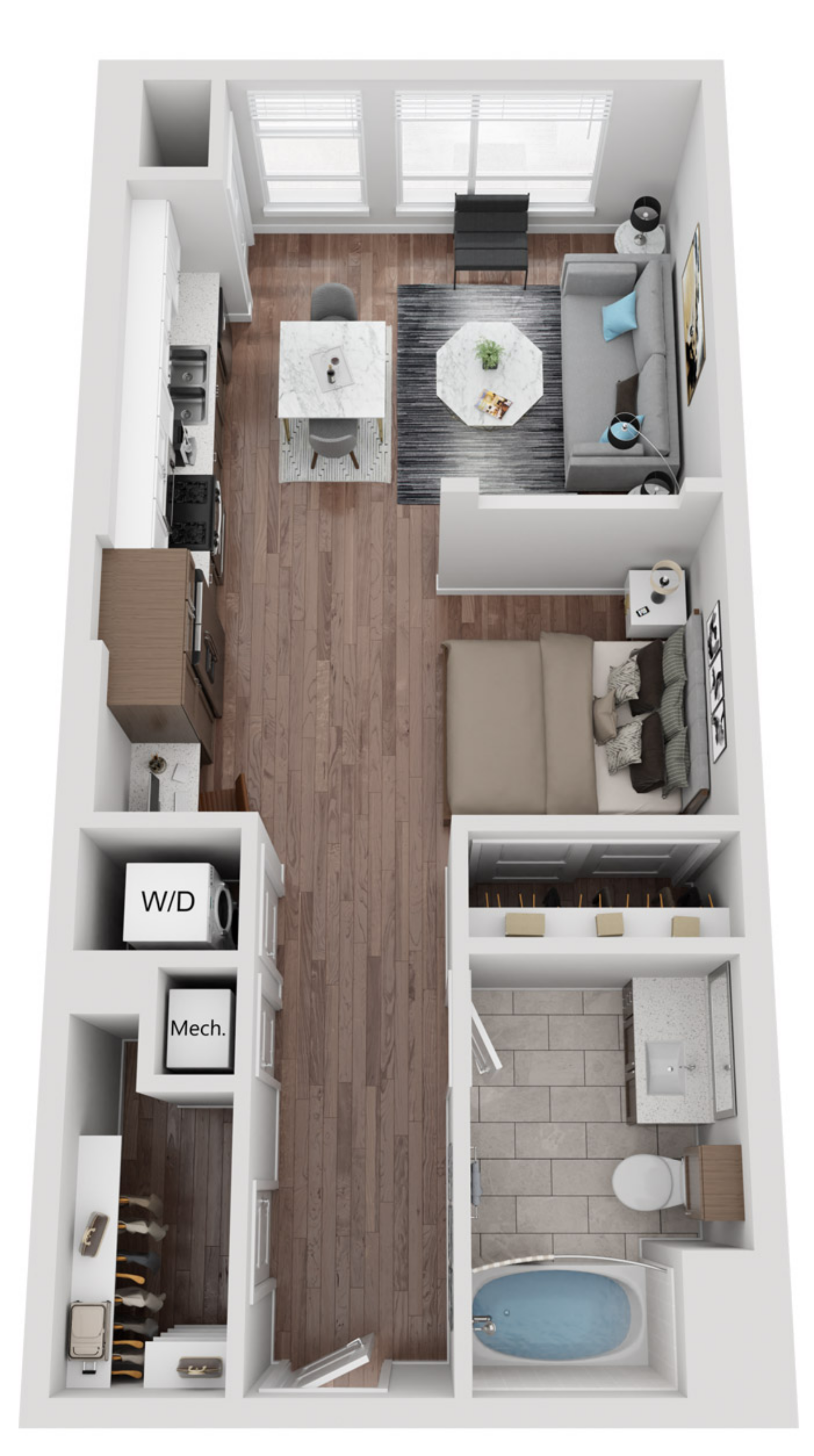 Floor plan for studio, 1 bath, 654 sqft