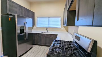 Chicago apartment for rent - a kitchen with a stove and refrigerator and a sink