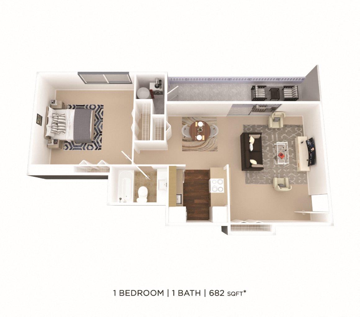 Floor plan for 1 bed, 1 bath, 682 sqft