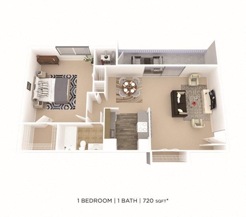 Floor plan for 1 bed, 1 bath, 720 sqft