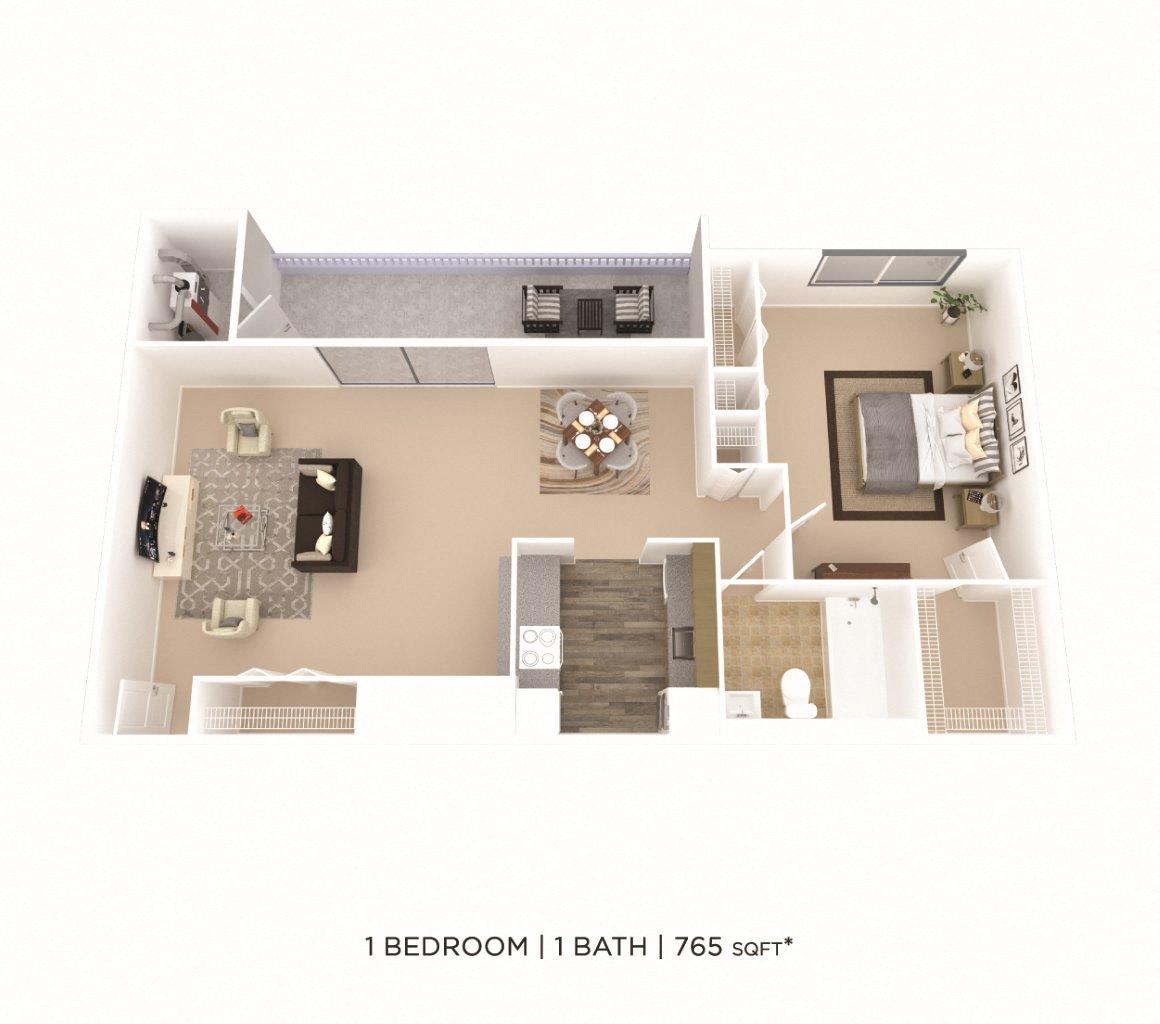 Floor plan for 1 bed, 1 bath, 765 sqft
