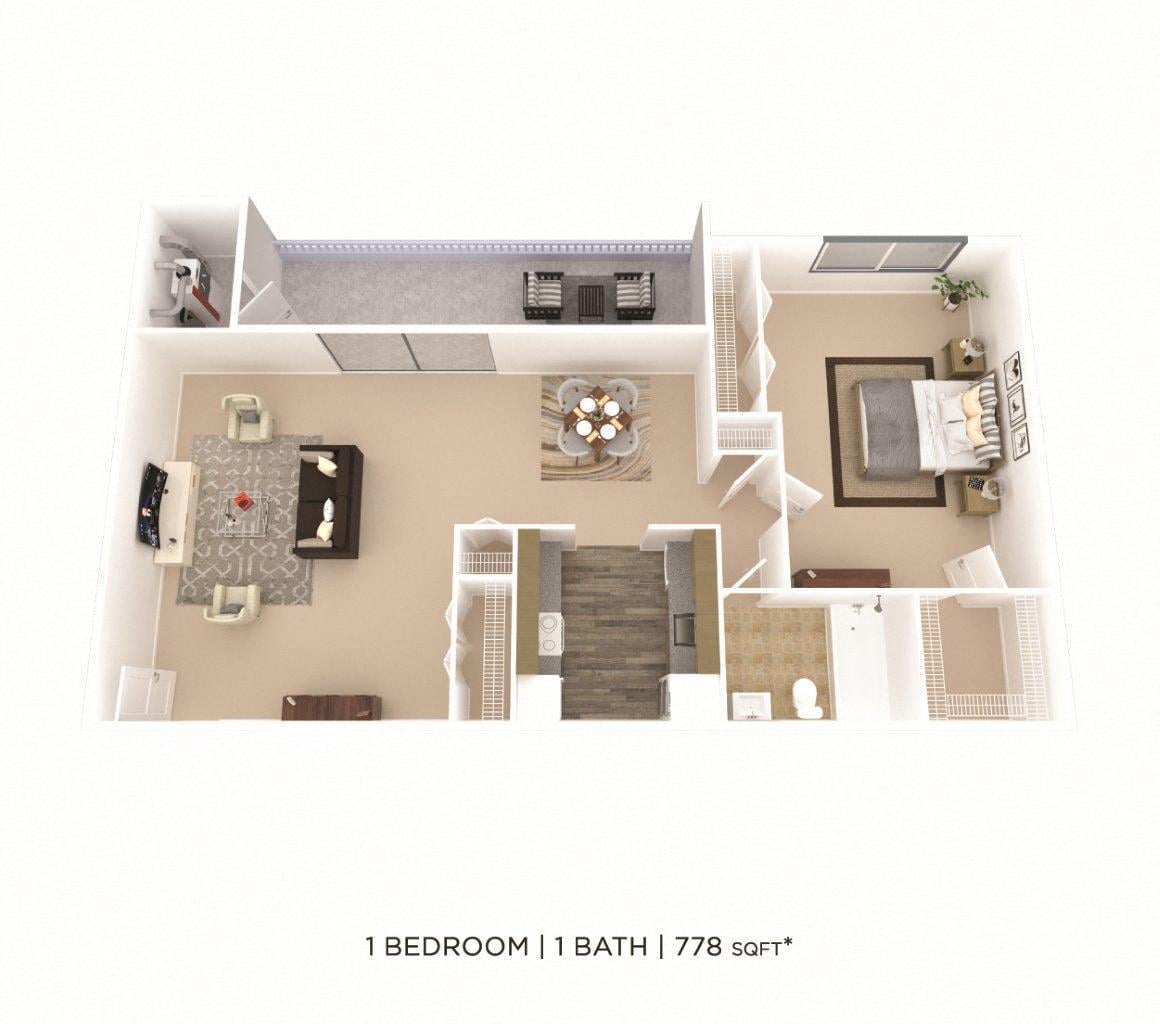 Floor plan for 1 bed, 1 bath, 778 sqft