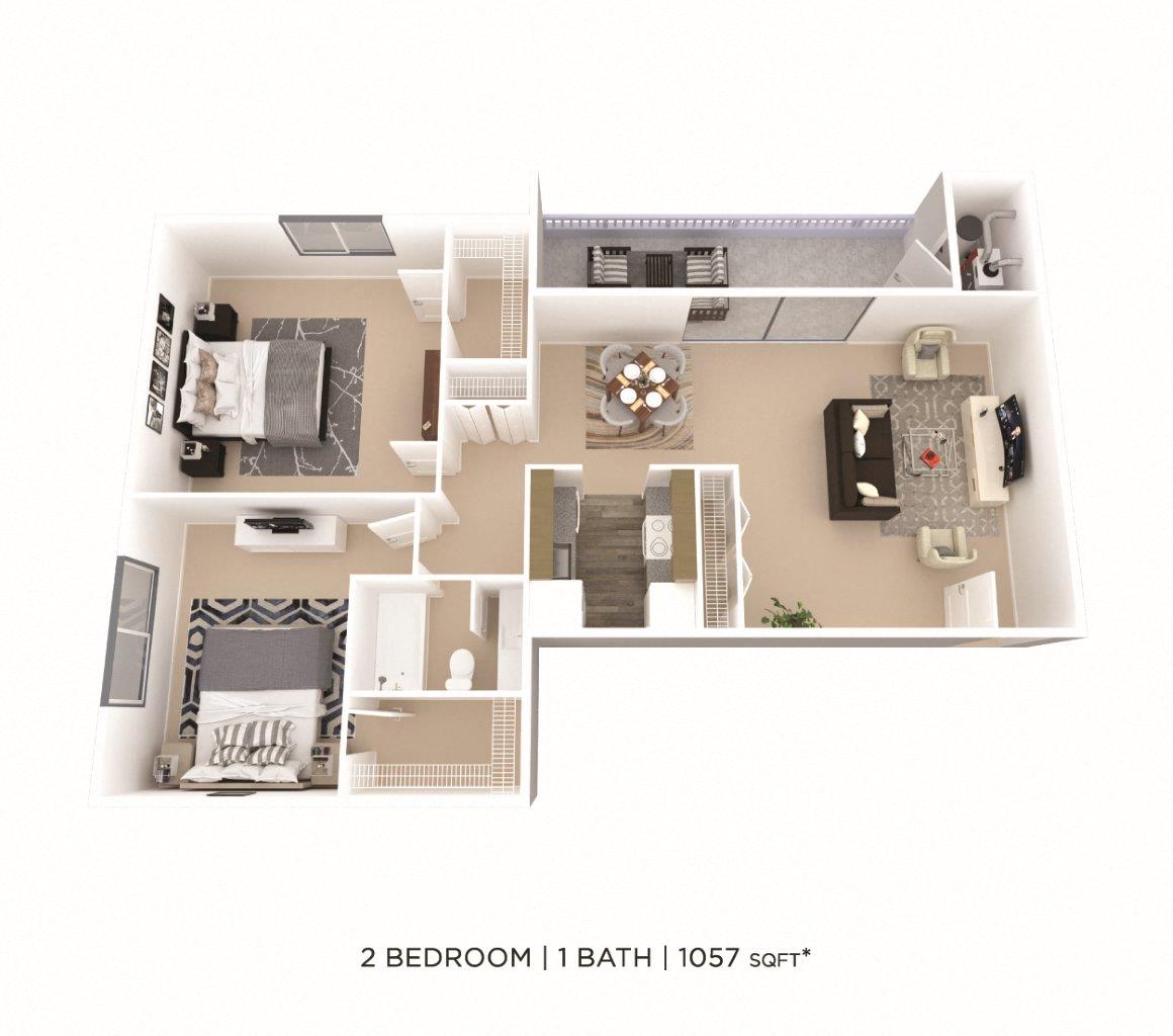Floor plan for 2 beds, 1 bath, 1057 sqft