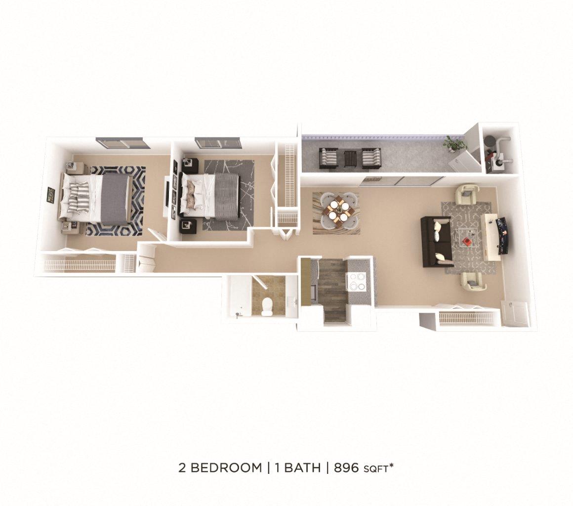 Floor plan for 2 beds, 1 bath, 896 sqft