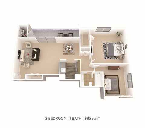 Floor plan for 2 beds, 1 bath, 985 sqft
