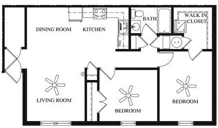 Floor plan for 2 beds, 1 bath, 861 sqft