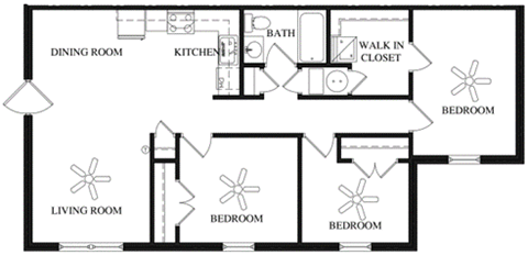 Floor plan for 3 beds, 1 bath, 949 sqft