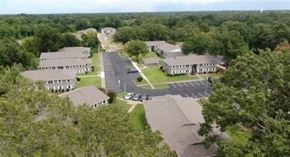 Canton apartment for rent - An aerial view of a parking lot and buildings surrounded by trees.