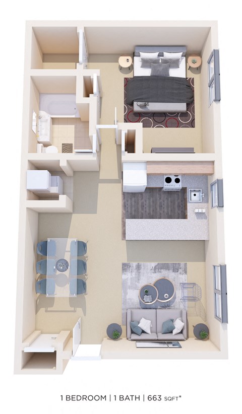 Floor plan for 1 bed, 1 bath, 633 sqft