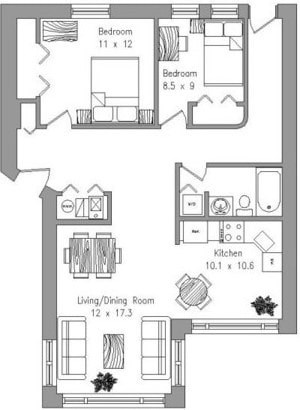 Floor plan for 2 beds, 1 bath, 925 sqft