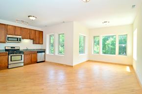 Chicago apartment for rent - A kitchen with wooden cabinets and a stainless steel oven.