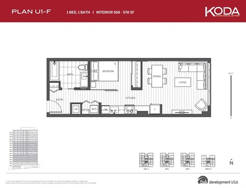 Floor plan for 1 bed, 1 bath, 661 sqft