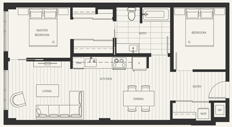 Floor plan for 2 beds, 1 bath, 856 sqft