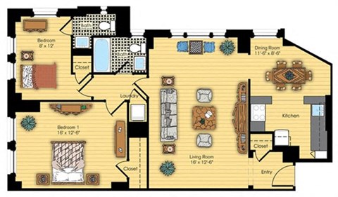 Floor plan for 2 beds, 1.5 baths, 1002 sqft