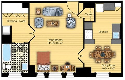Floor plan for studio, 1 bath, 594 sqft